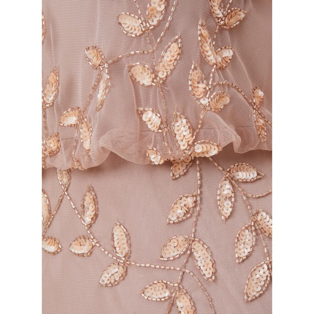 Adrianna Papell Beaded Mesh Blouson Gown Steel Rose‎ Leaf Size 12 NWT - Picture 8 of 8